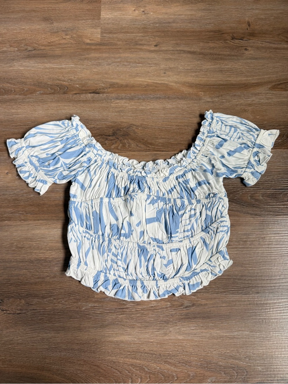 Ocean Drive Smocked Off-Shoulder Crop Top - Light Blue/White